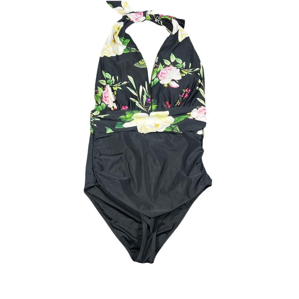 Cupshe One Piece Bathing Suit Swim Black Floral Women's Size Medium Ruched Waist